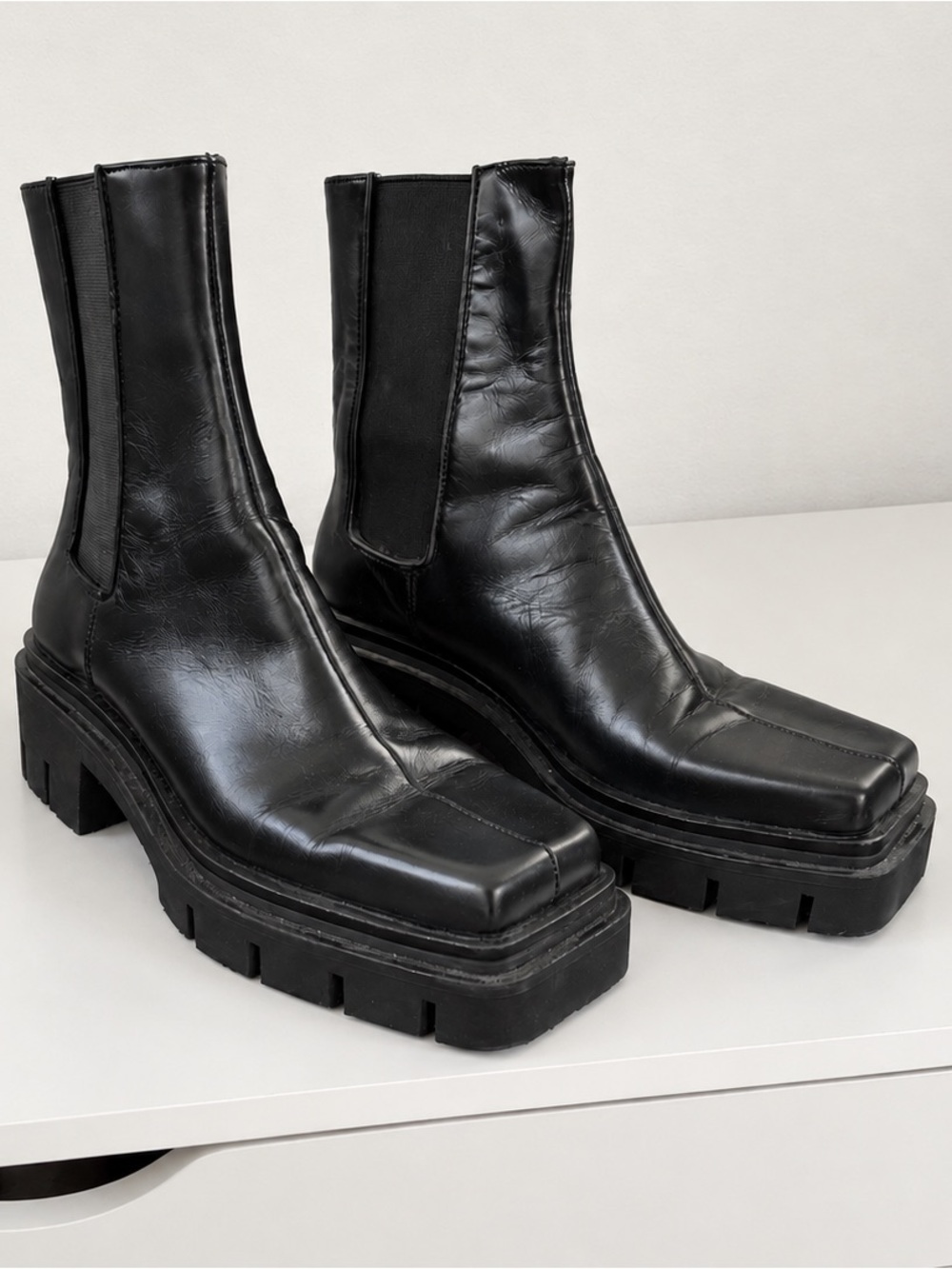 Zara Black Leather Square Toe Track Sole Block Heel Ankle Boots 6
